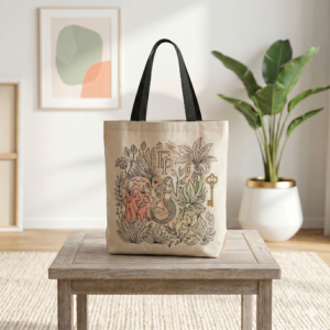 natural linen mermaid and coral tote