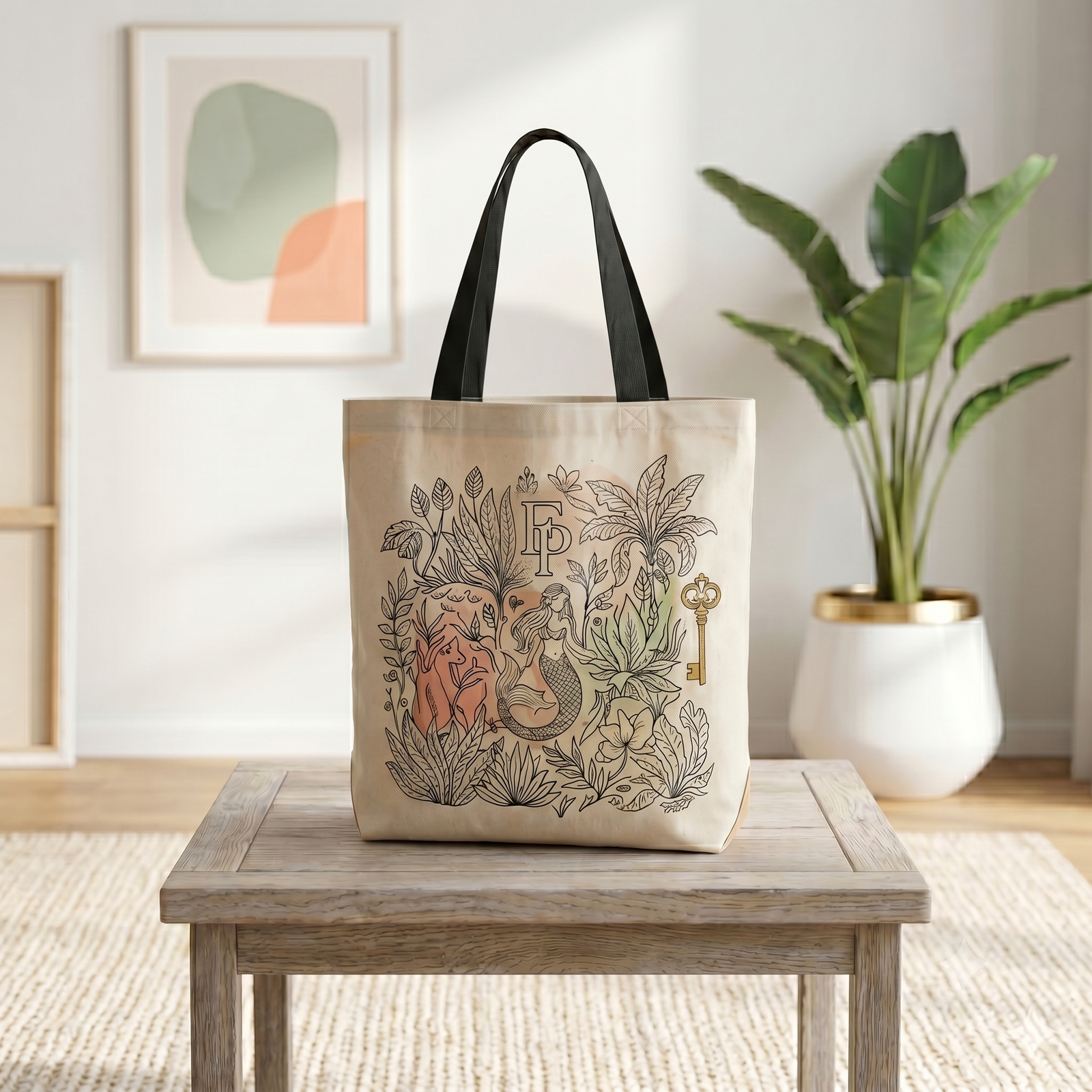 natural linen mermaid and coral tote natural linen mermaid and coral tote