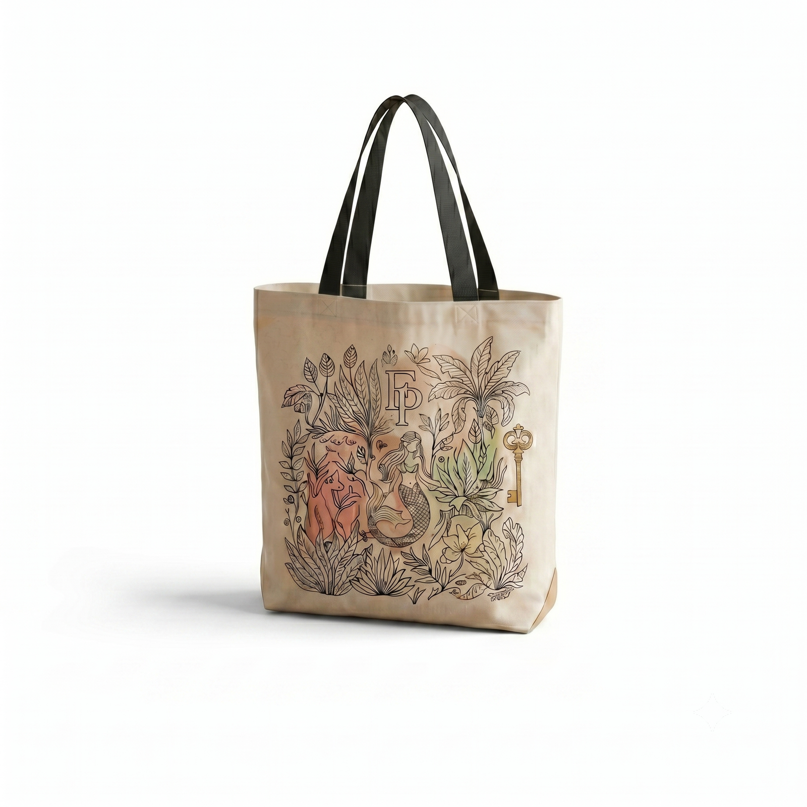 natural linen mermaid and coral tote natural linen mermaid and coral tote